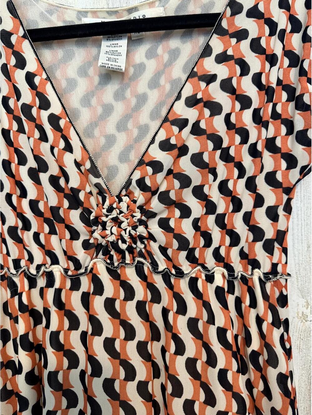 Max Studio Women's XS Dress Midi V-Neck Retro Print Empire Waist Orange Black - Picture 9 of 12